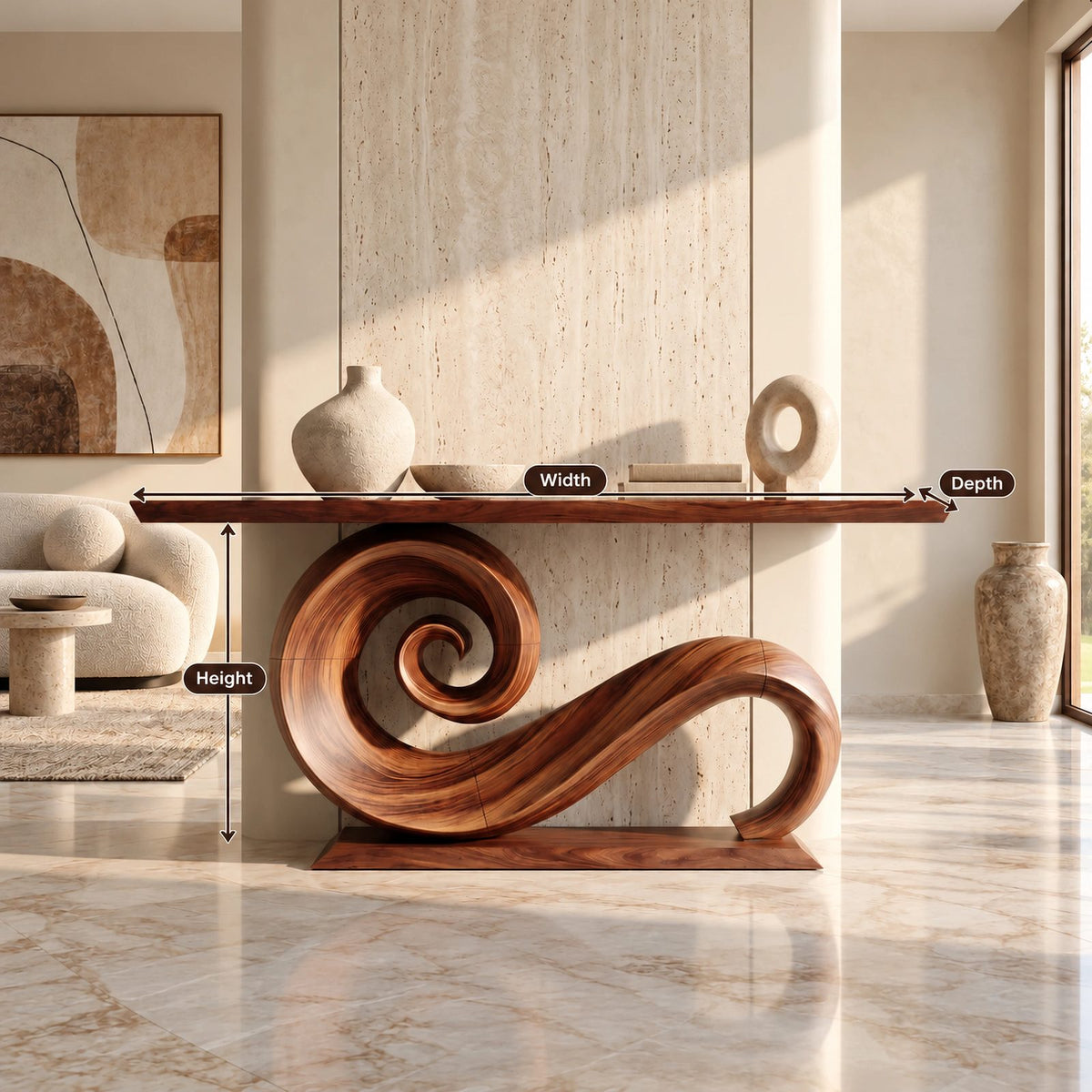 Live Edge Console Table With Spiral Scroll Base For Living Room