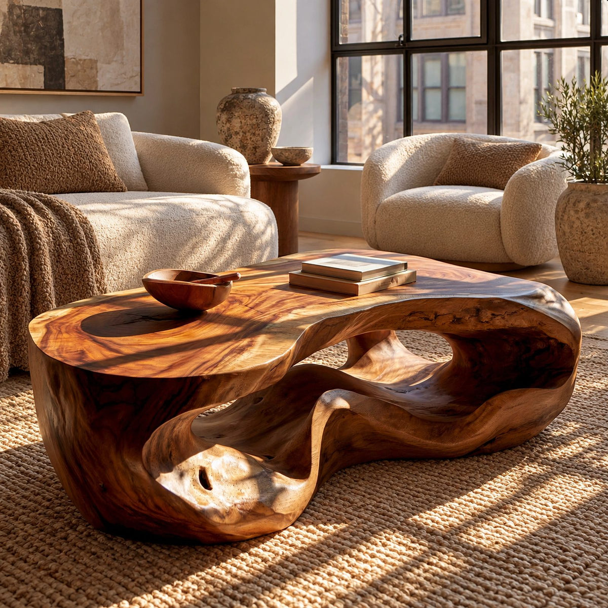 Wabi Sabi Sculpted Coffee Table With Carved Openings For Living Room