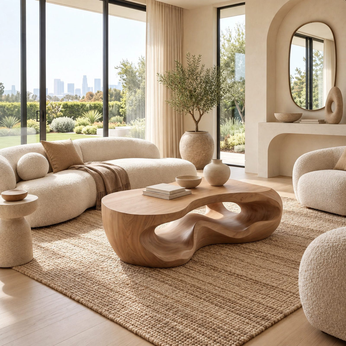 Wabi Sabi Sculpted Coffee Table With Carved Openings For Living Room