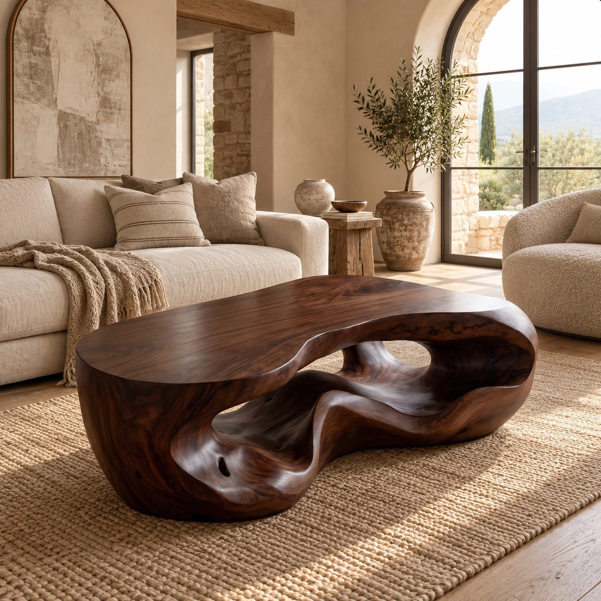 Wabi Sabi Sculpted Coffee Table With Carved Openings For Living Room