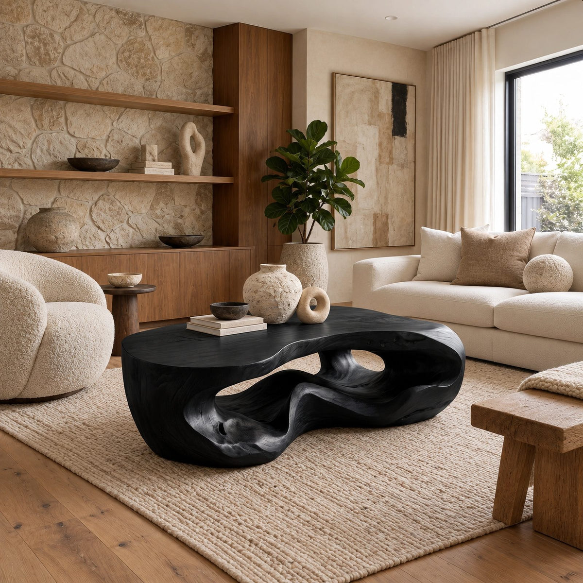 Wabi Sabi Sculpted Coffee Table With Carved Openings For Living Room
