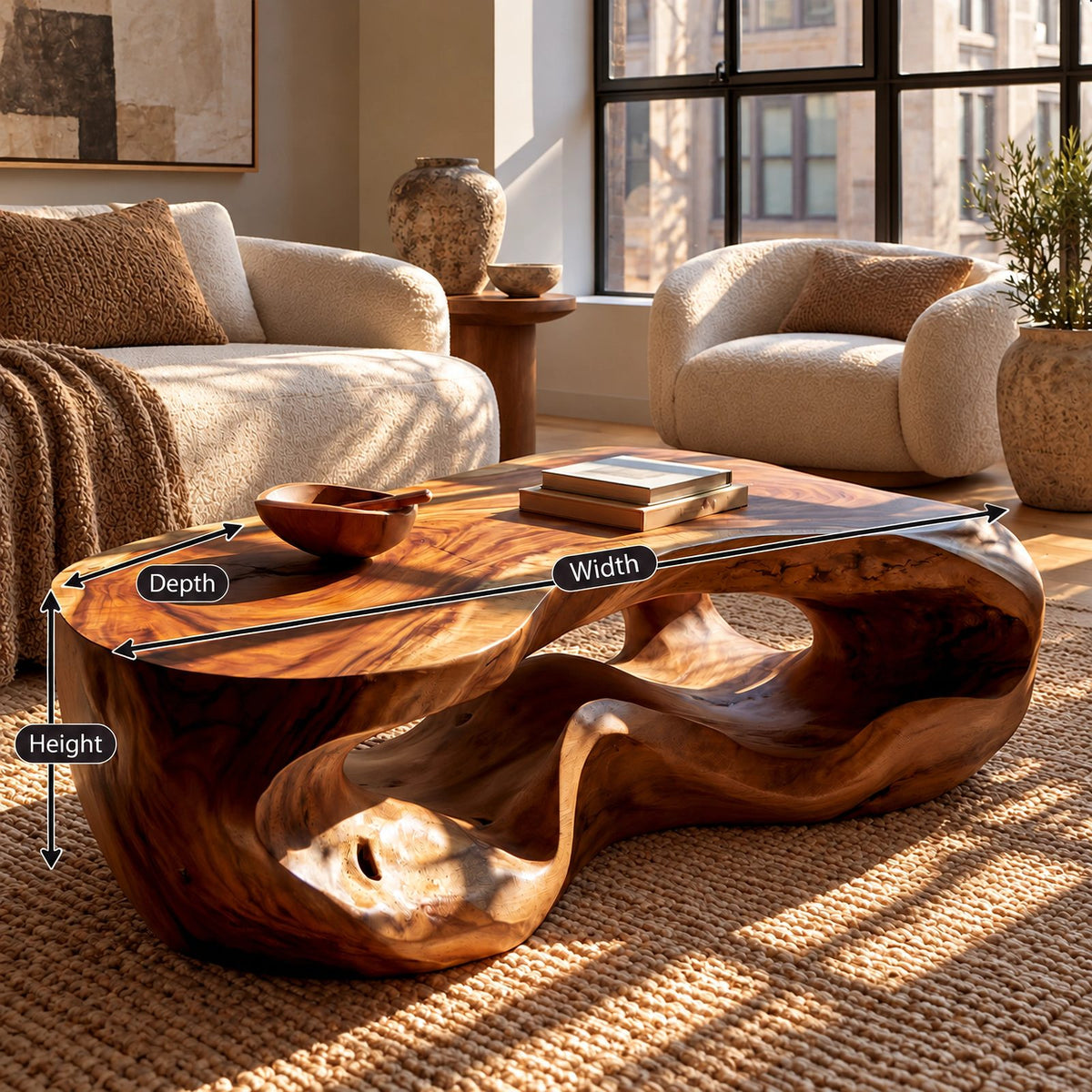 Wabi Sabi Sculpted Coffee Table With Carved Openings For Living Room
