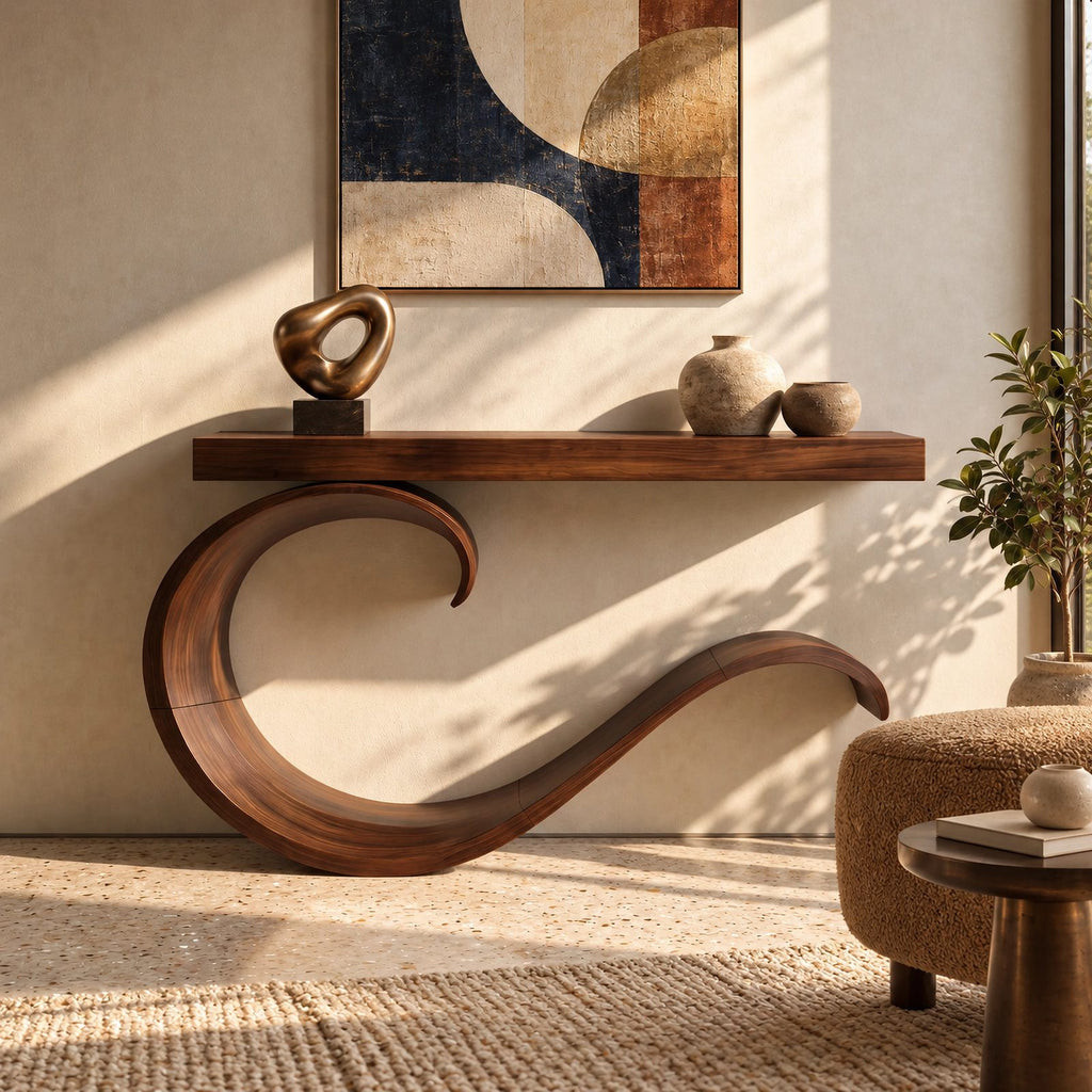 Contemporary Wave Curl Console Table With Thick Slab Top For Entryway