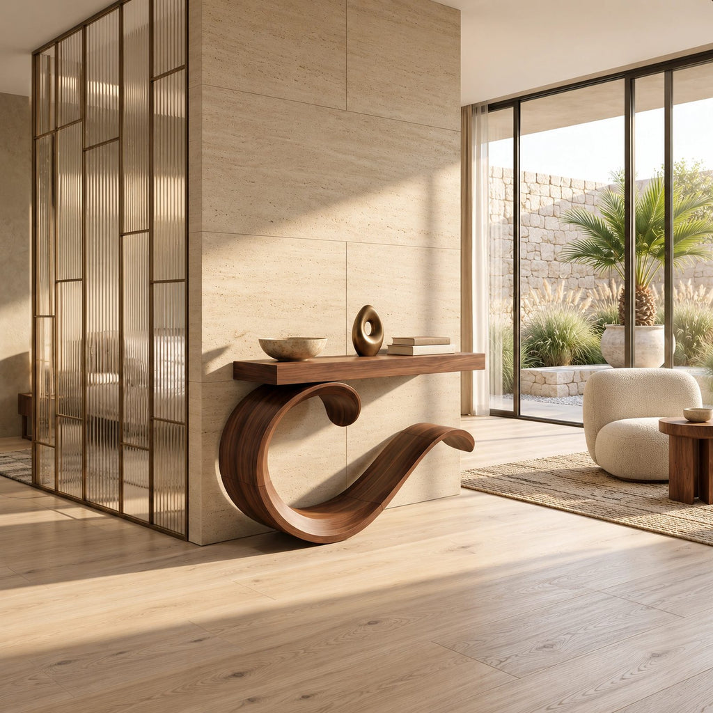 Contemporary Wave Curl Console Table With Thick Slab Top For Entryway