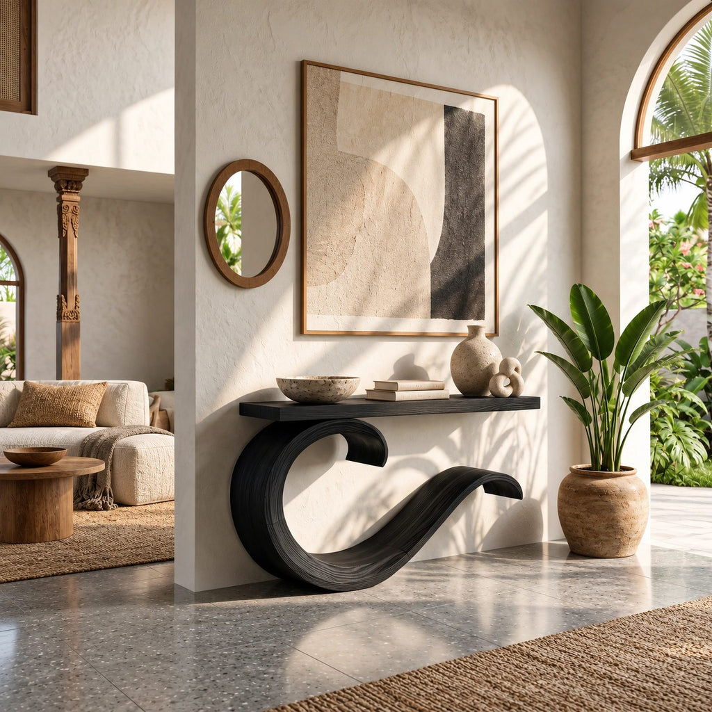 Contemporary Wave Curl Console Table With Thick Slab Top For Entryway
