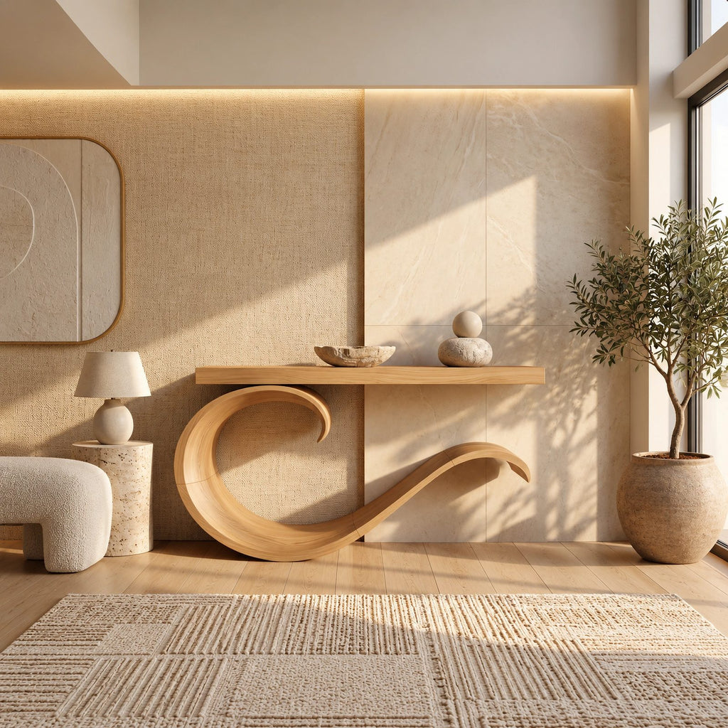 Contemporary Wave Curl Console Table With Thick Slab Top For Entryway