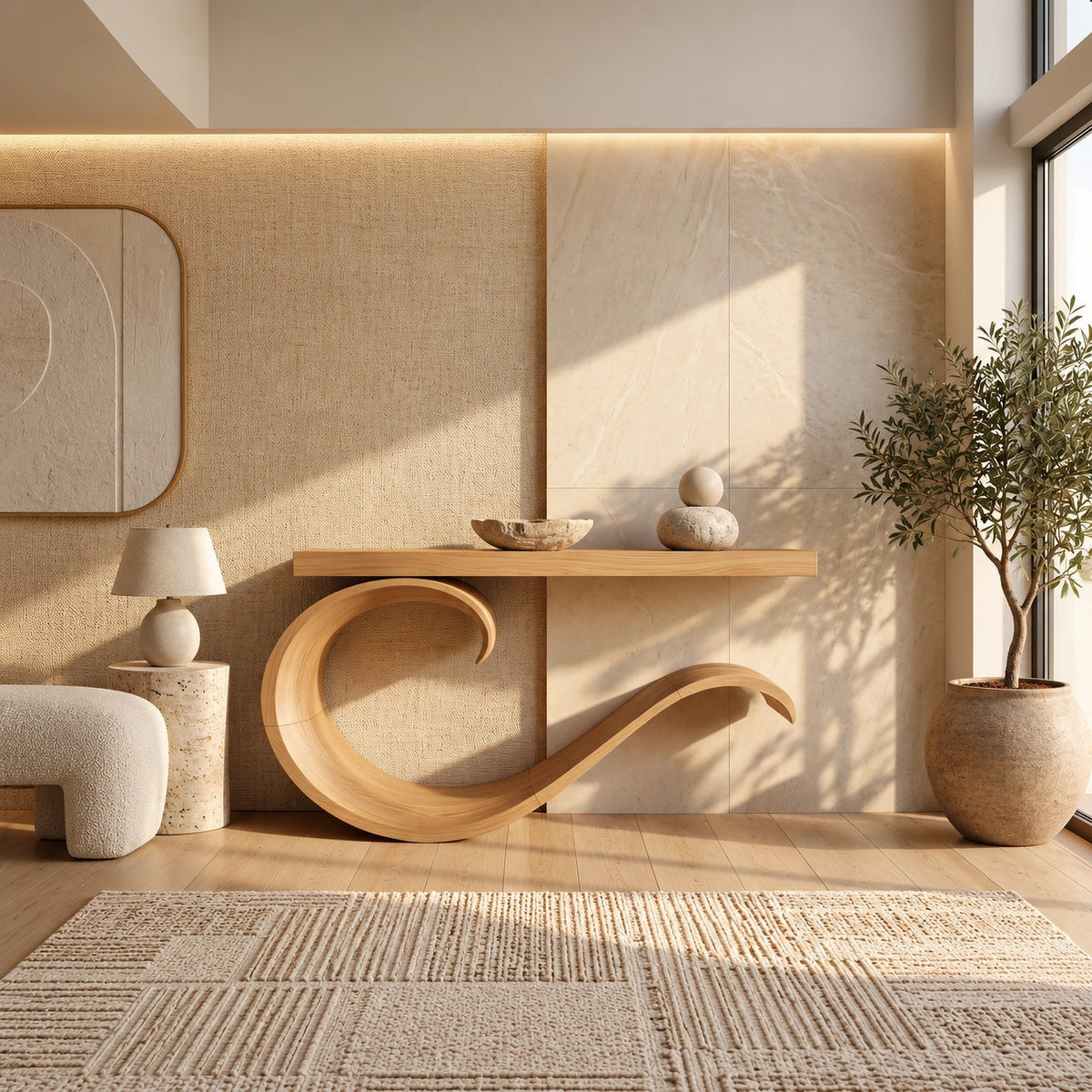 Contemporary Wave Curl Console Table With Thick Slab Top For Entryway