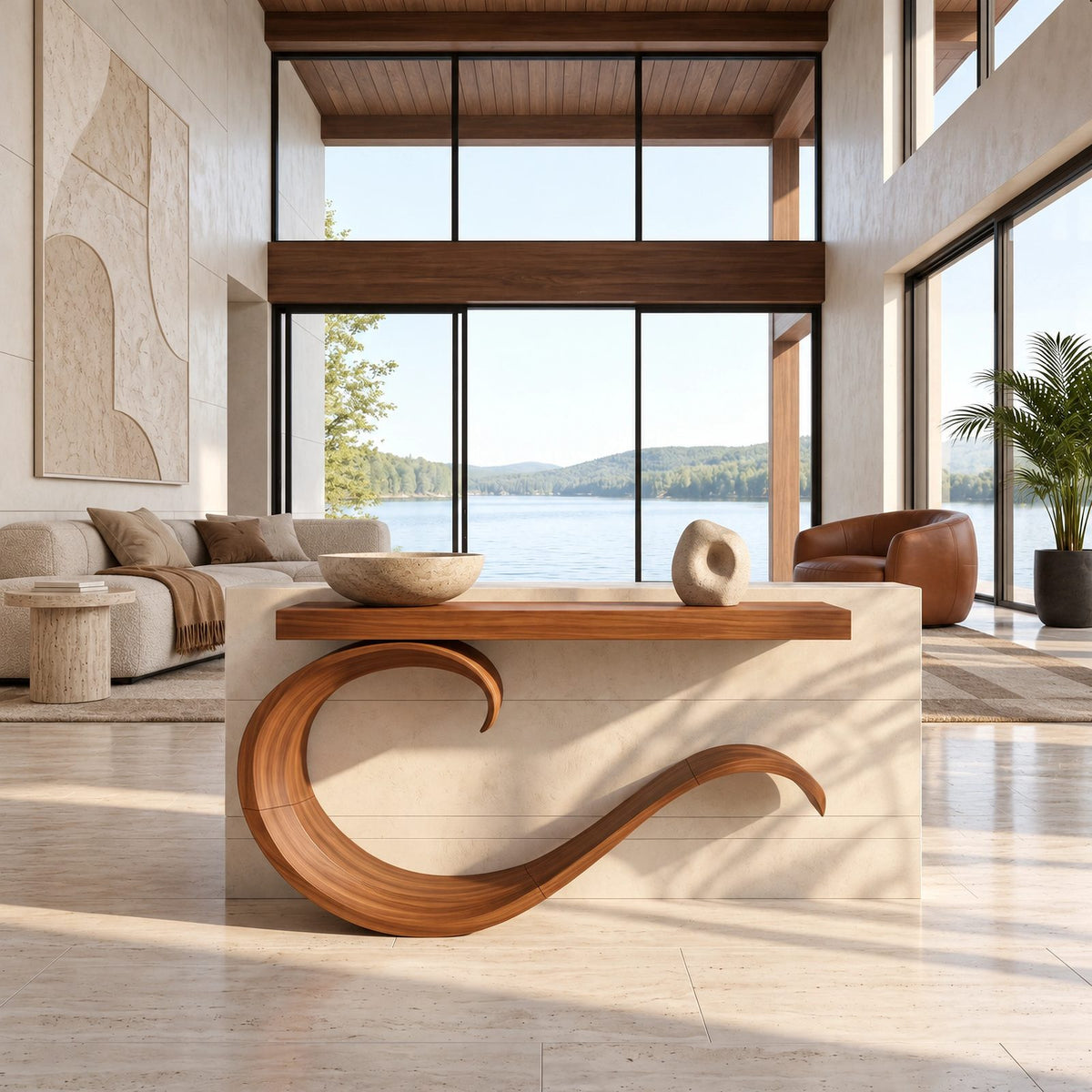 Contemporary Wave Curl Console Table With Thick Slab Top For Entryway