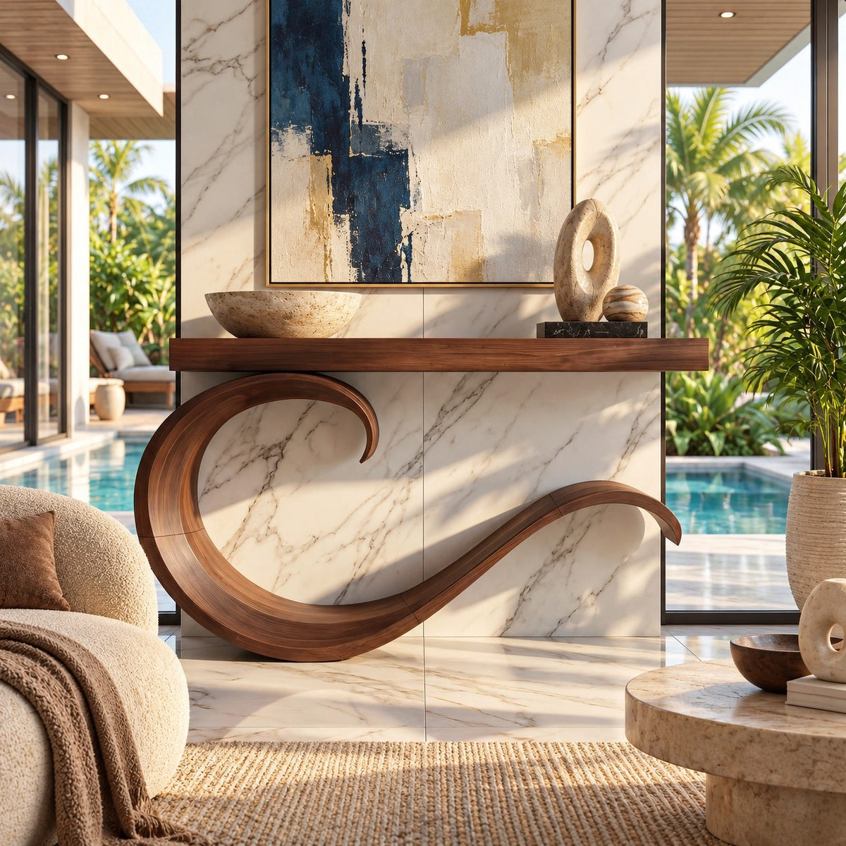 Contemporary Wave Curl Console Table With Thick Slab Top For Entryway