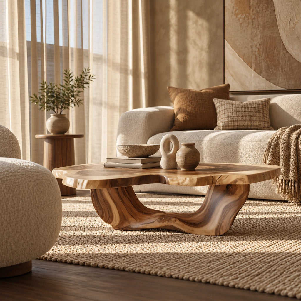 Japandi Freeform Coffee Table With Flowing Sculpted Base For Living Room