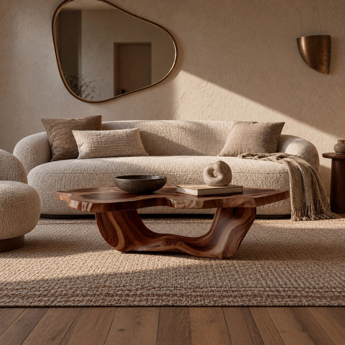 Japandi Freeform Coffee Table With Flowing Sculpted Base For Living Room