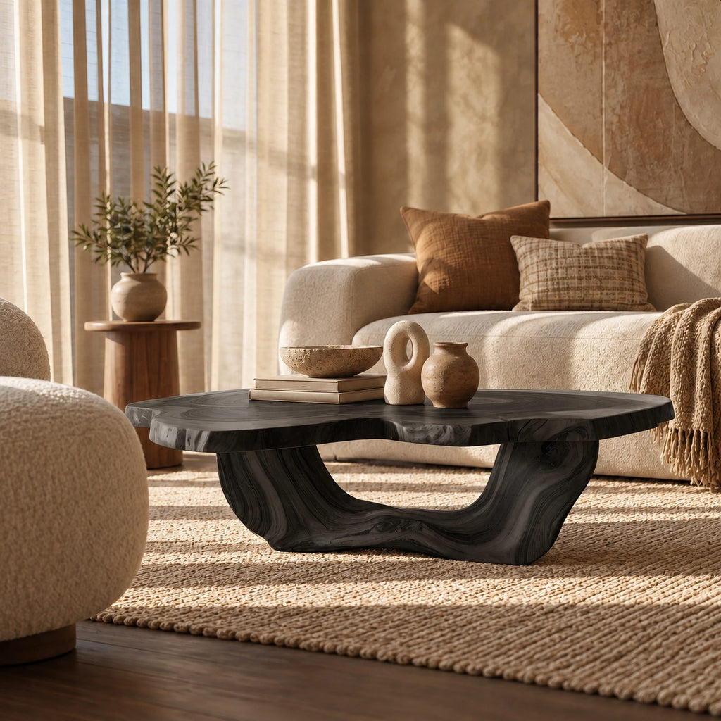 Japandi Freeform Coffee Table With Flowing Sculpted Base For Living Room