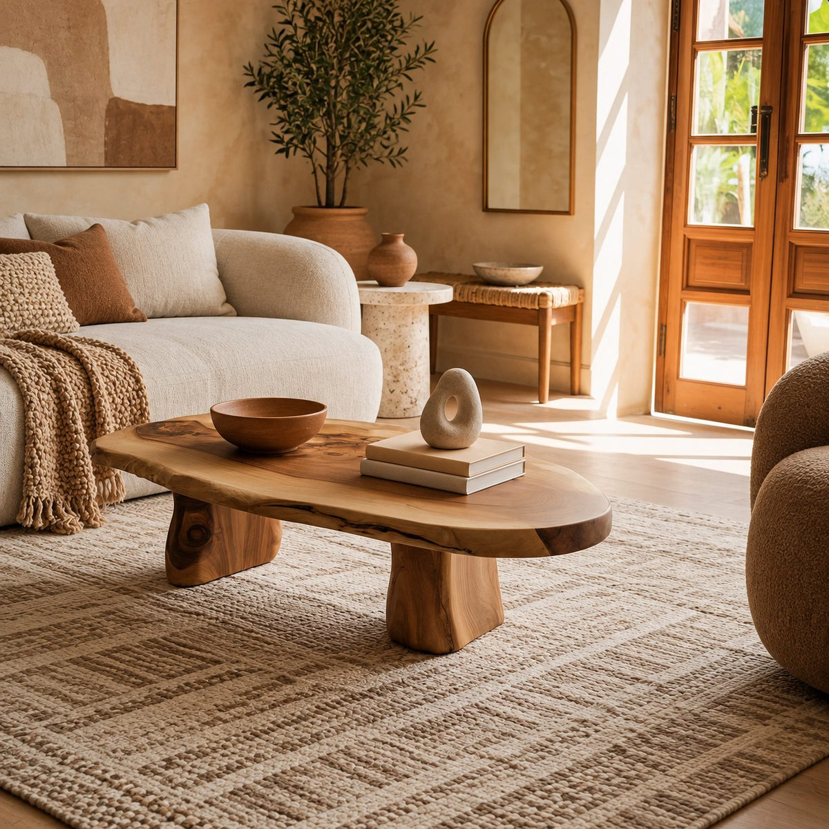 Wabi Sabi Live Edge Oval Coffee Table With Two Pillar Legs For Living Room