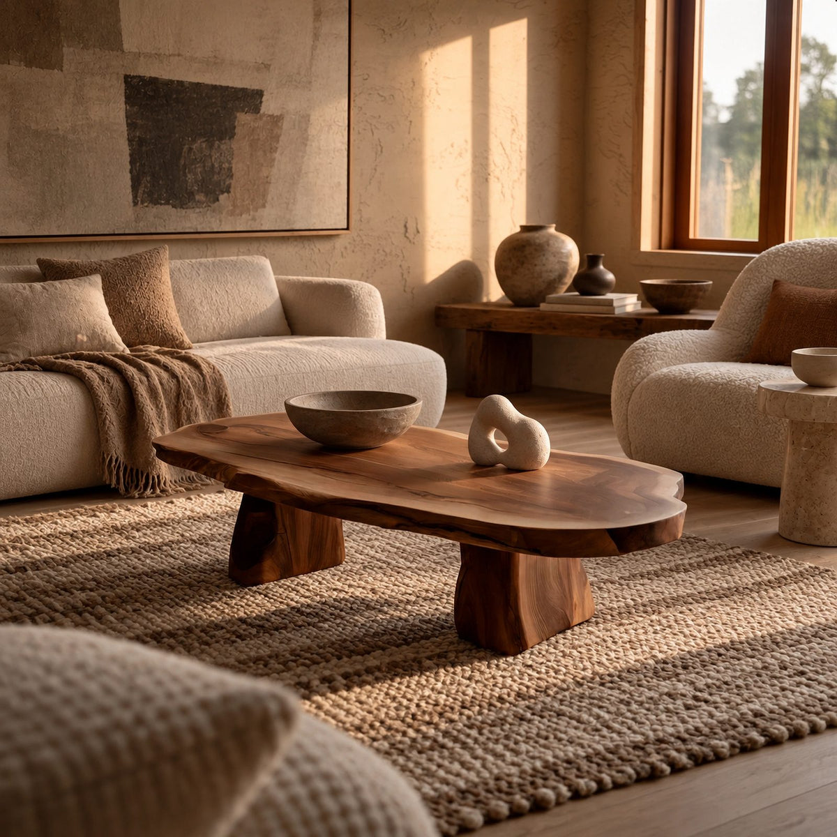 Wabi Sabi Live Edge Oval Coffee Table With Two Pillar Legs For Living Room