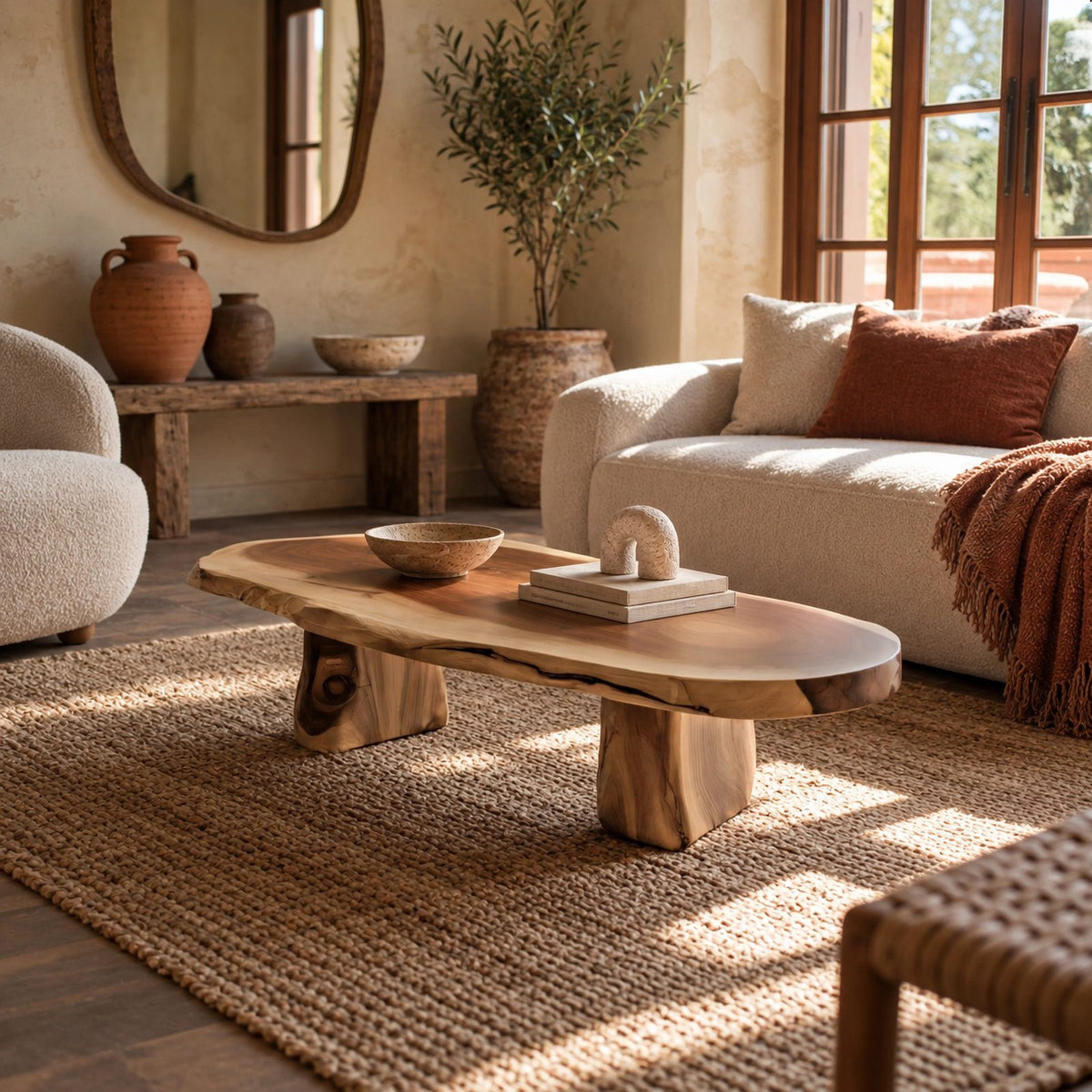 Wabi Sabi Live Edge Oval Coffee Table With Two Pillar Legs For Living Room
