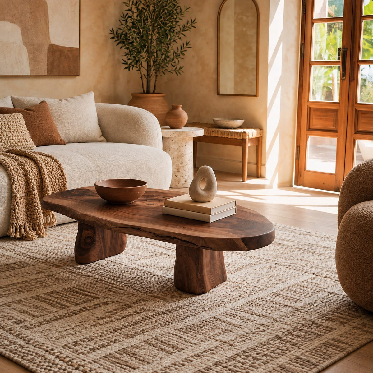Wabi Sabi Live Edge Oval Coffee Table With Two Pillar Legs For Living Room