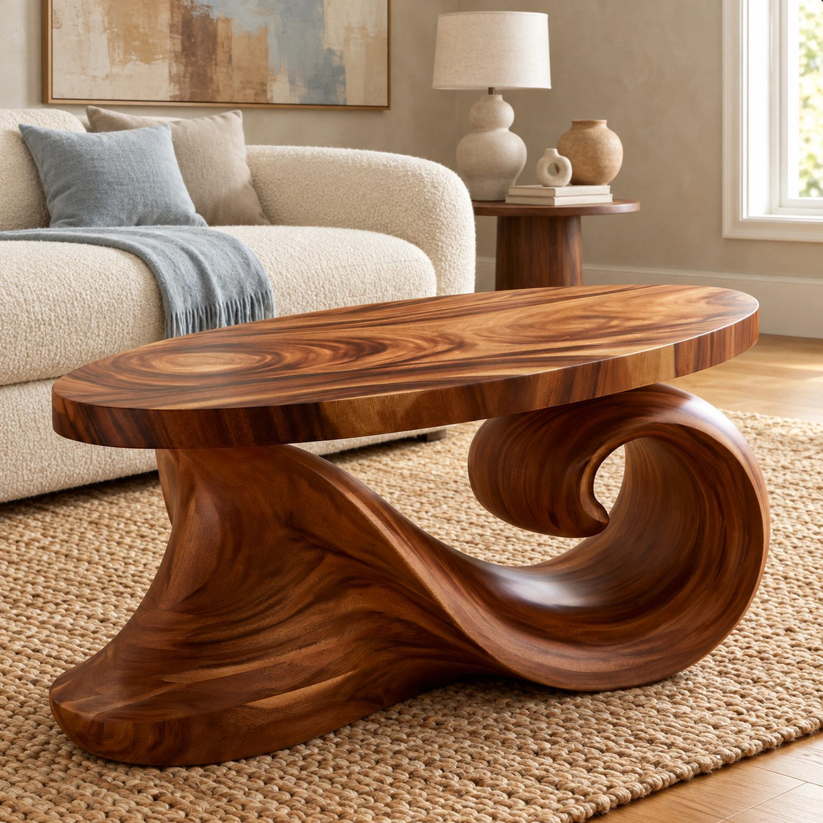 Coastal Oval Coffee Table With Curling Wave Sculpted Base For Living Room