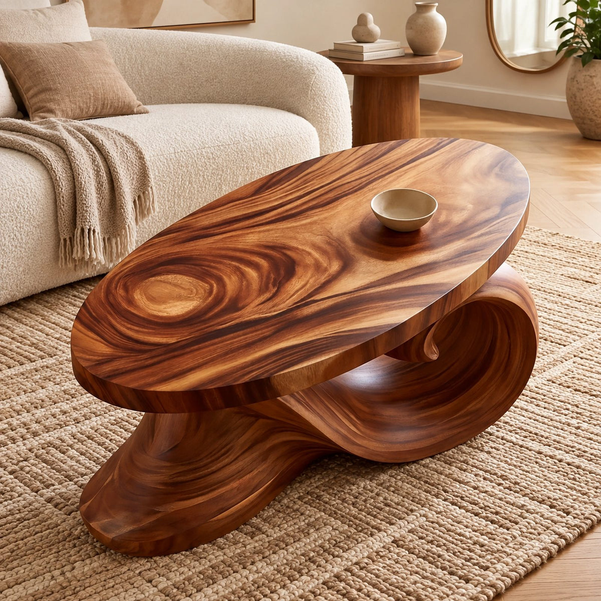 Coastal Oval Coffee Table With Curling Wave Sculpted Base For Living Room