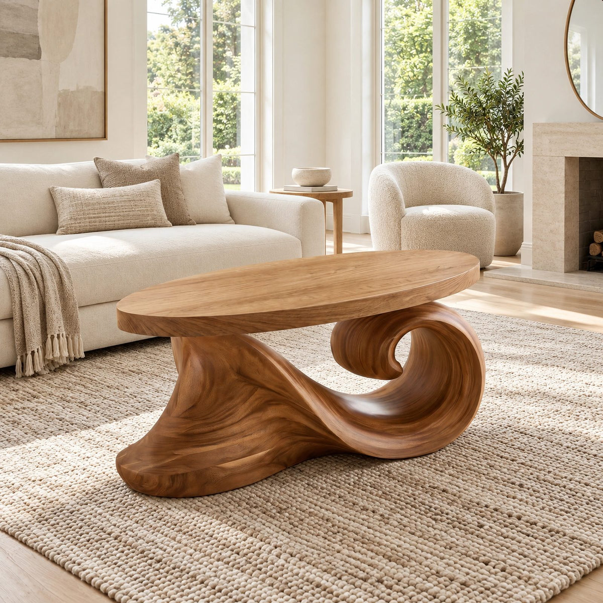 Coastal Oval Coffee Table With Curling Wave Sculpted Base For Living Room