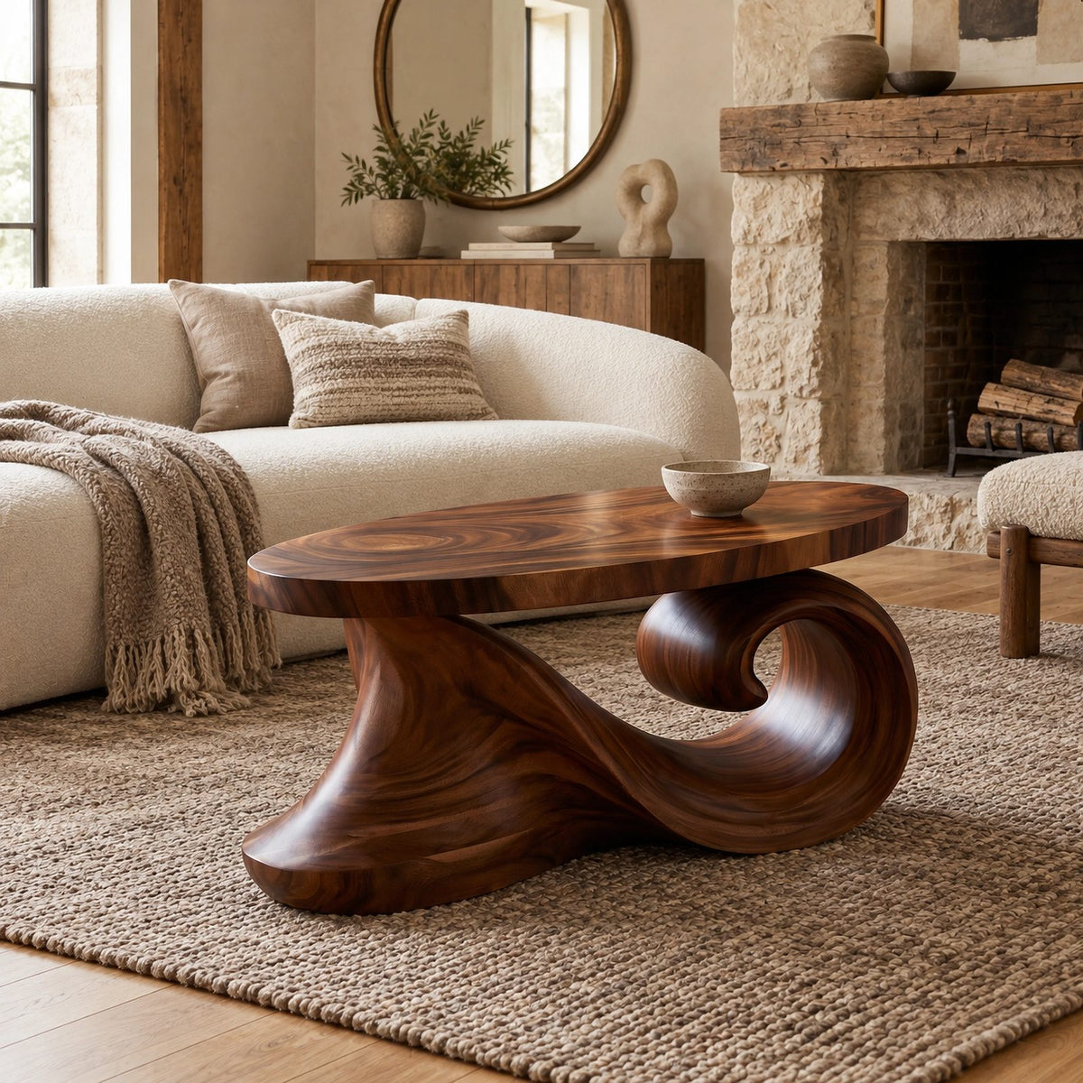 Coastal Oval Coffee Table With Curling Wave Sculpted Base For Living Room