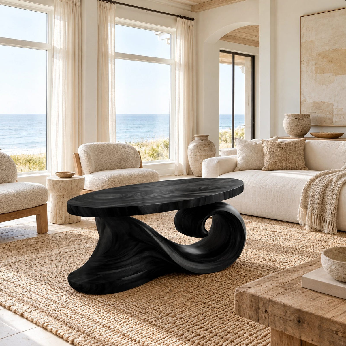 Coastal Oval Coffee Table With Curling Wave Sculpted Base For Living Room