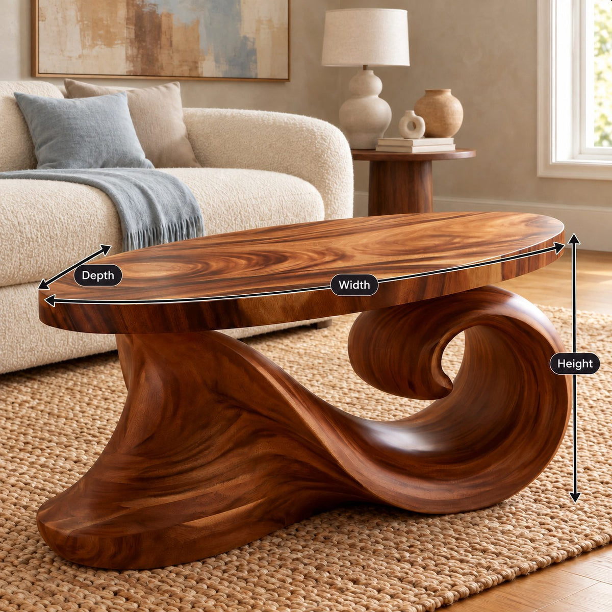 Coastal Oval Coffee Table With Curling Wave Sculpted Base For Living Room