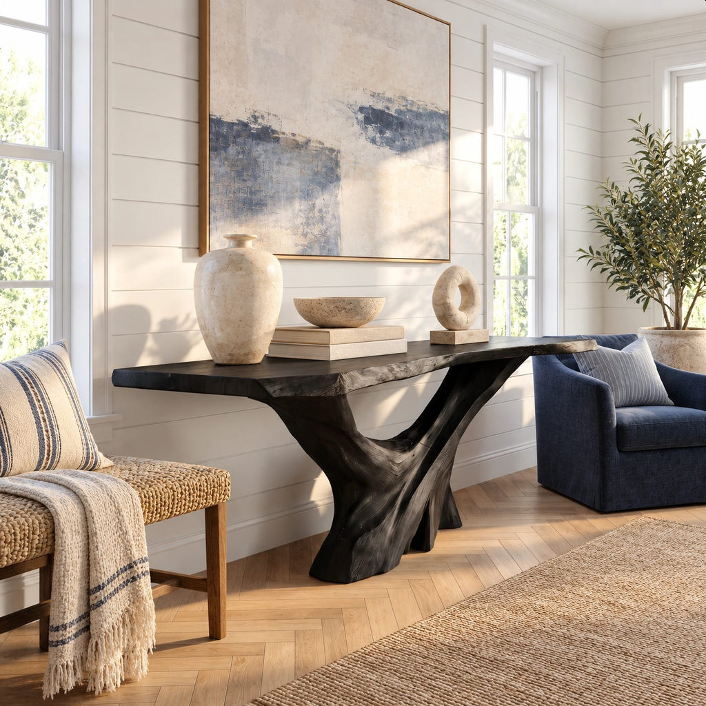 Rustic Live Edge Console Table With Forked Tree Trunk Base For Entryway