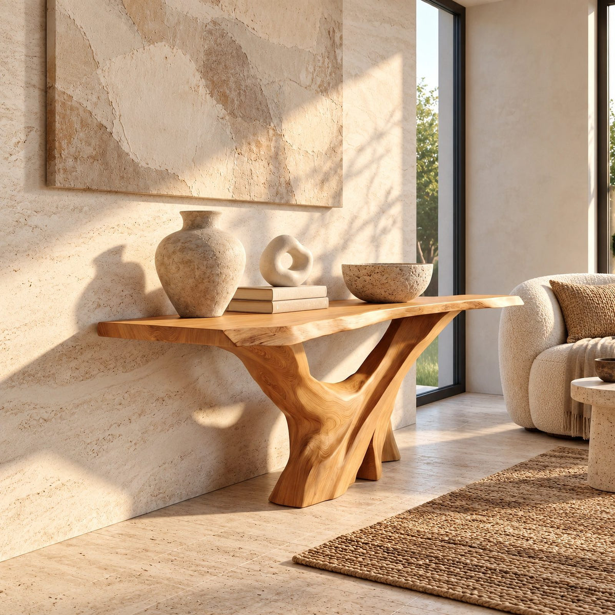 Rustic Live Edge Console Table With Forked Tree Trunk Base For Entryway