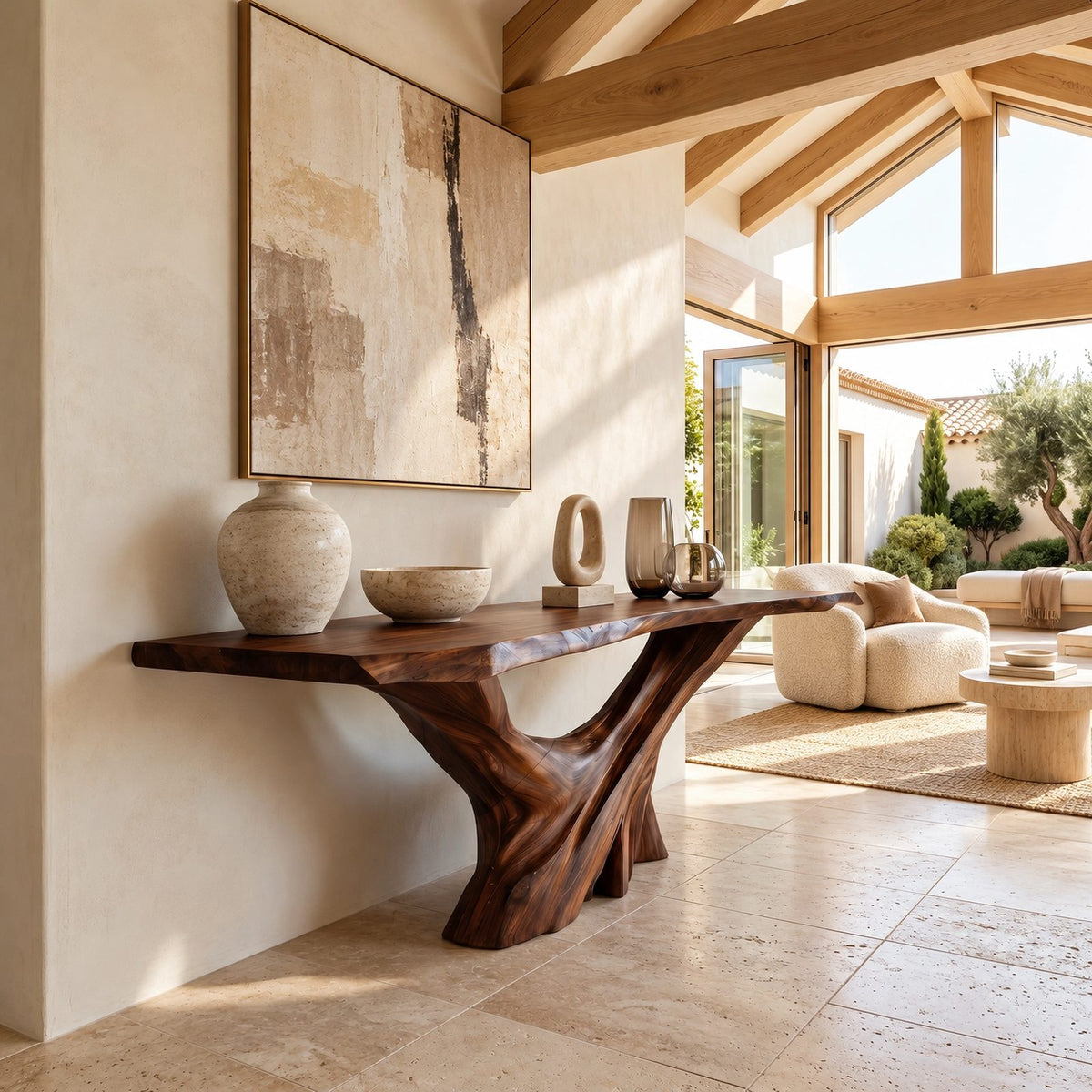 Rustic Live Edge Console Table With Forked Tree Trunk Base For Entryway