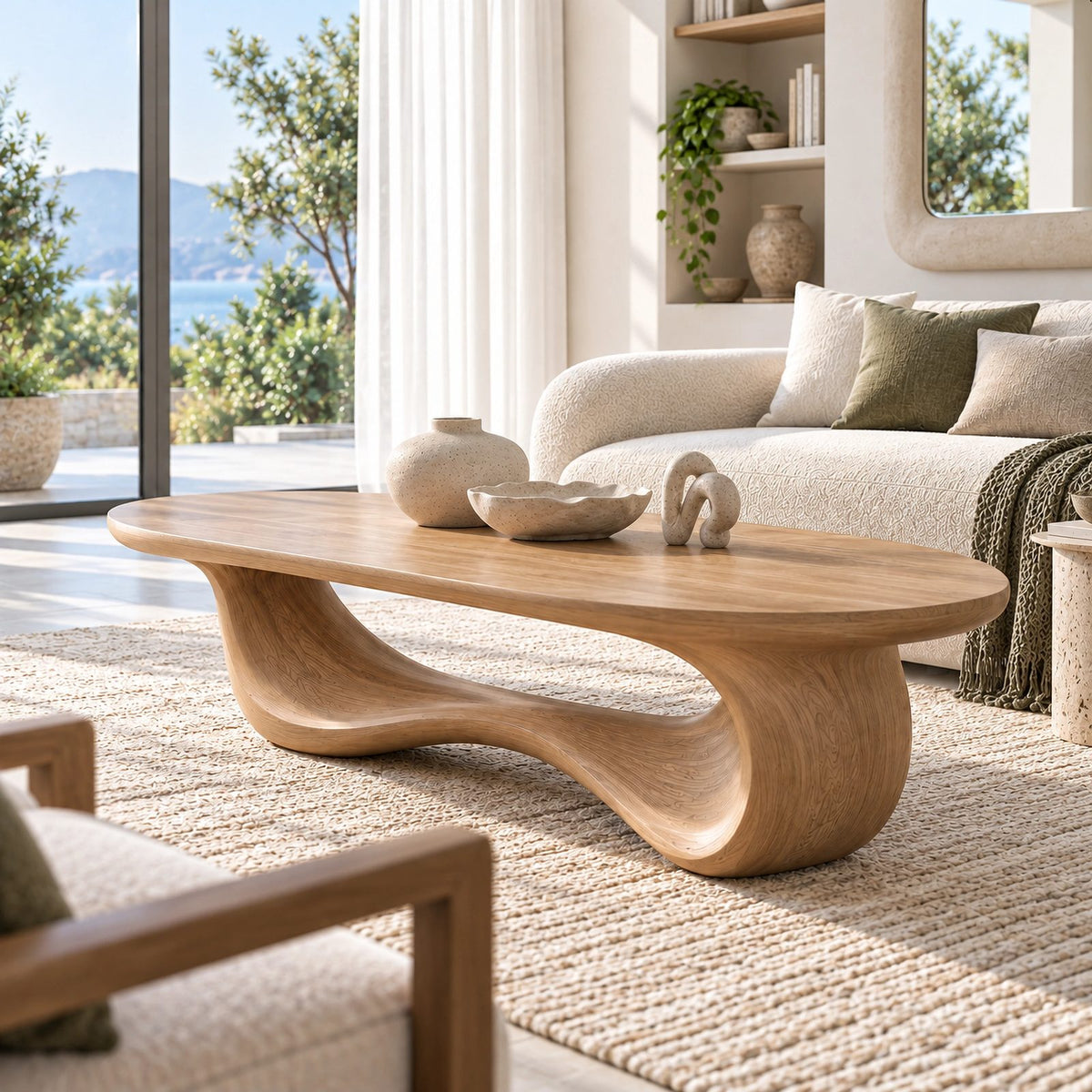 Elegant Oblong Wooden Coffee Table With Low Loop Base For Living Room