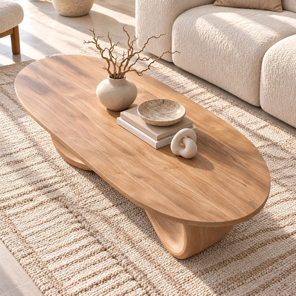 Elegant Oblong Wooden Coffee Table With Low Loop Base For Living Room