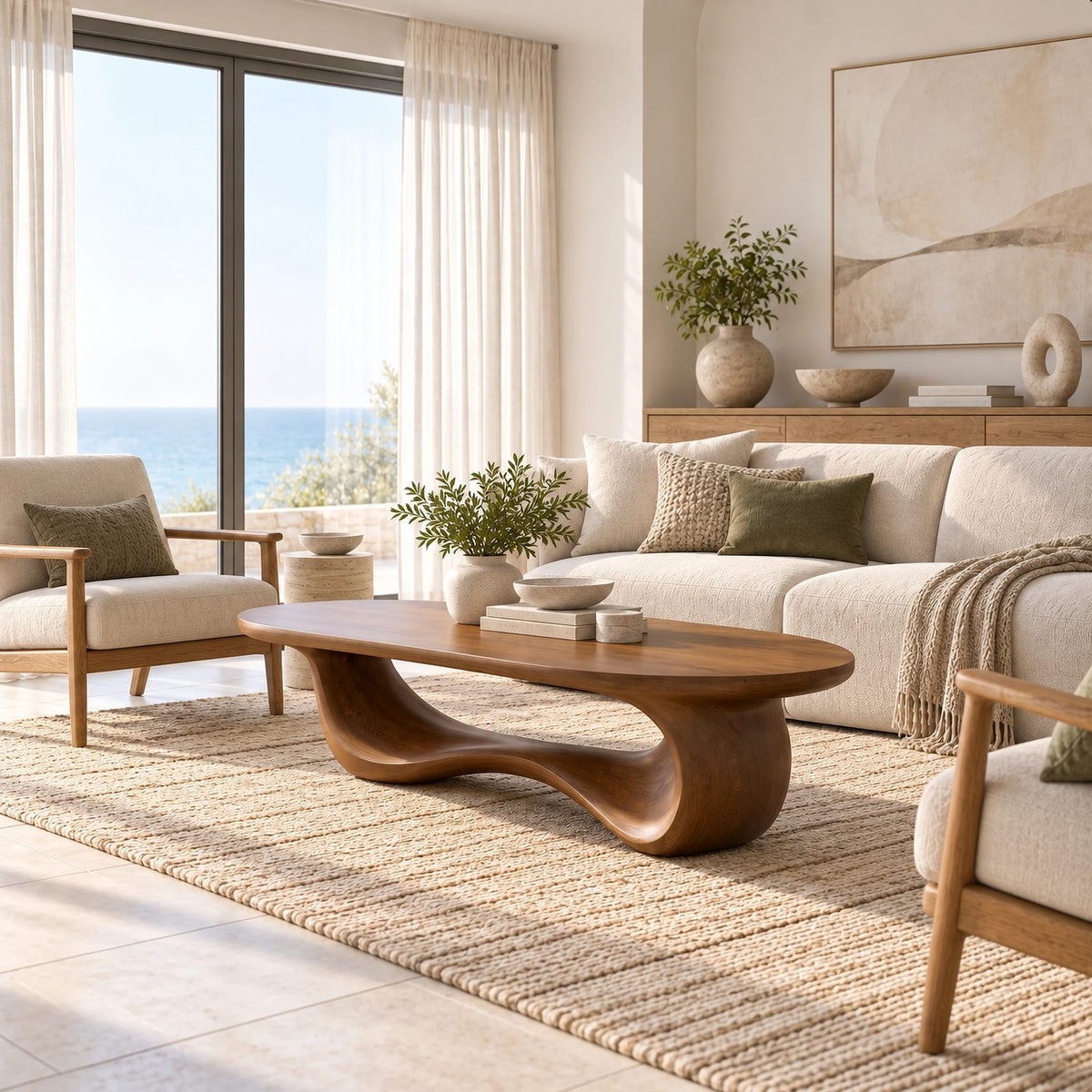 Elegant Oblong Wooden Coffee Table With Low Loop Base For Living Room