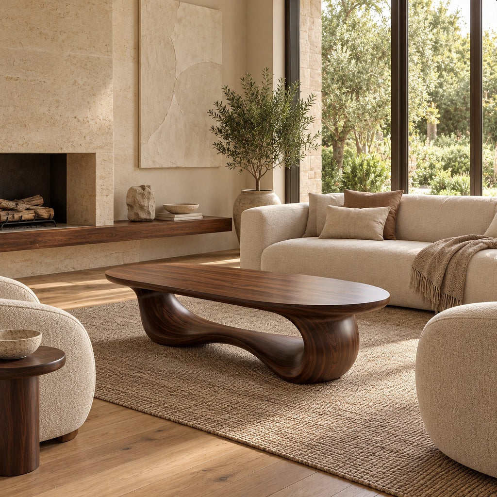 Elegant Oblong Wooden Coffee Table With Low Loop Base For Living Room