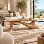 Artisan Long Wood Coffee Table With Crossing Curved Base For Living Room