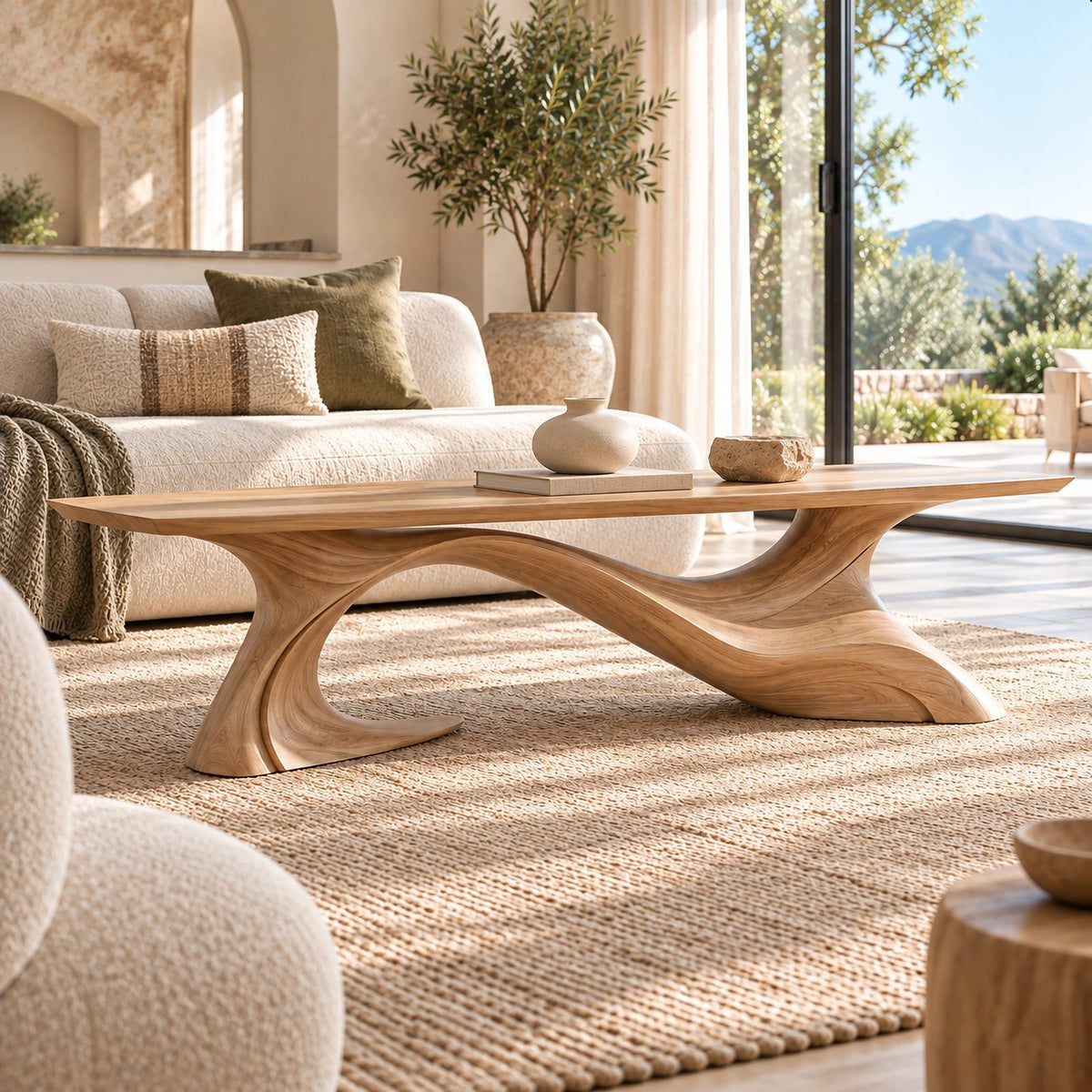 Artisan Long Wood Coffee Table With Crossing Curved Base For Living Room