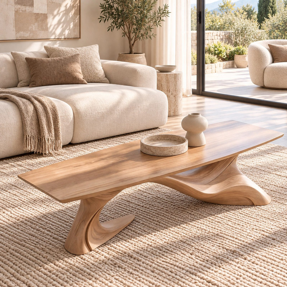 Artisan Long Wood Coffee Table With Crossing Curved Base For Living Room