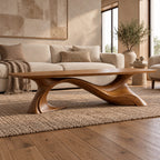 Artisan Long Wood Coffee Table With Crossing Curved Base For Living Room