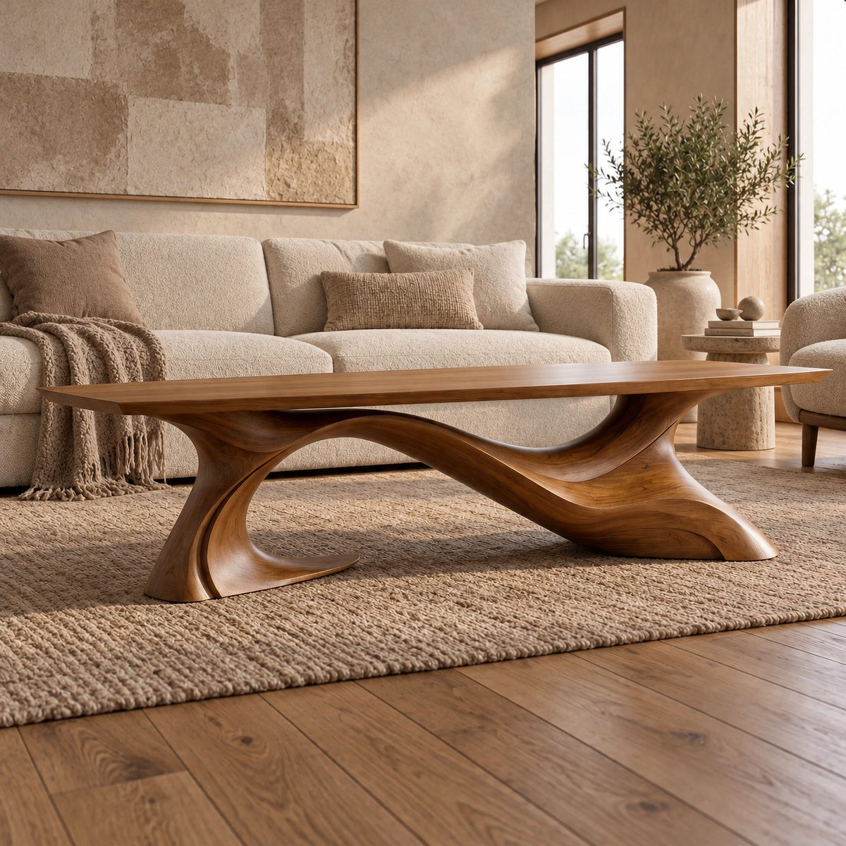 Artisan Long Wood Coffee Table With Crossing Curved Base For Living Room