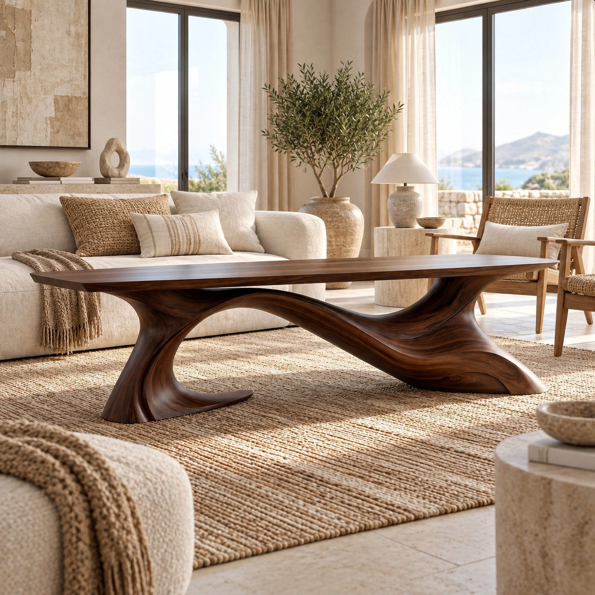 Artisan Long Wood Coffee Table With Crossing Curved Base For Living Room