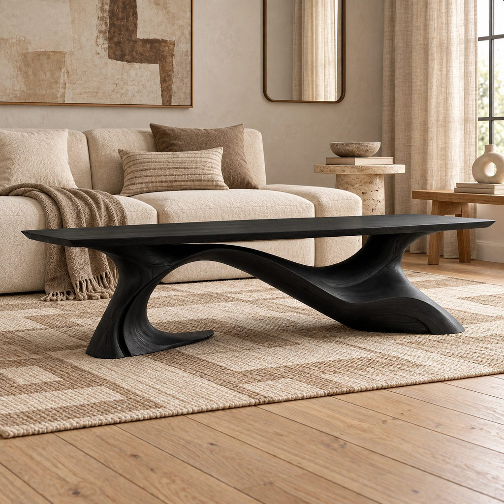 Artisan Long Wood Coffee Table With Crossing Curved Base For Living Room
