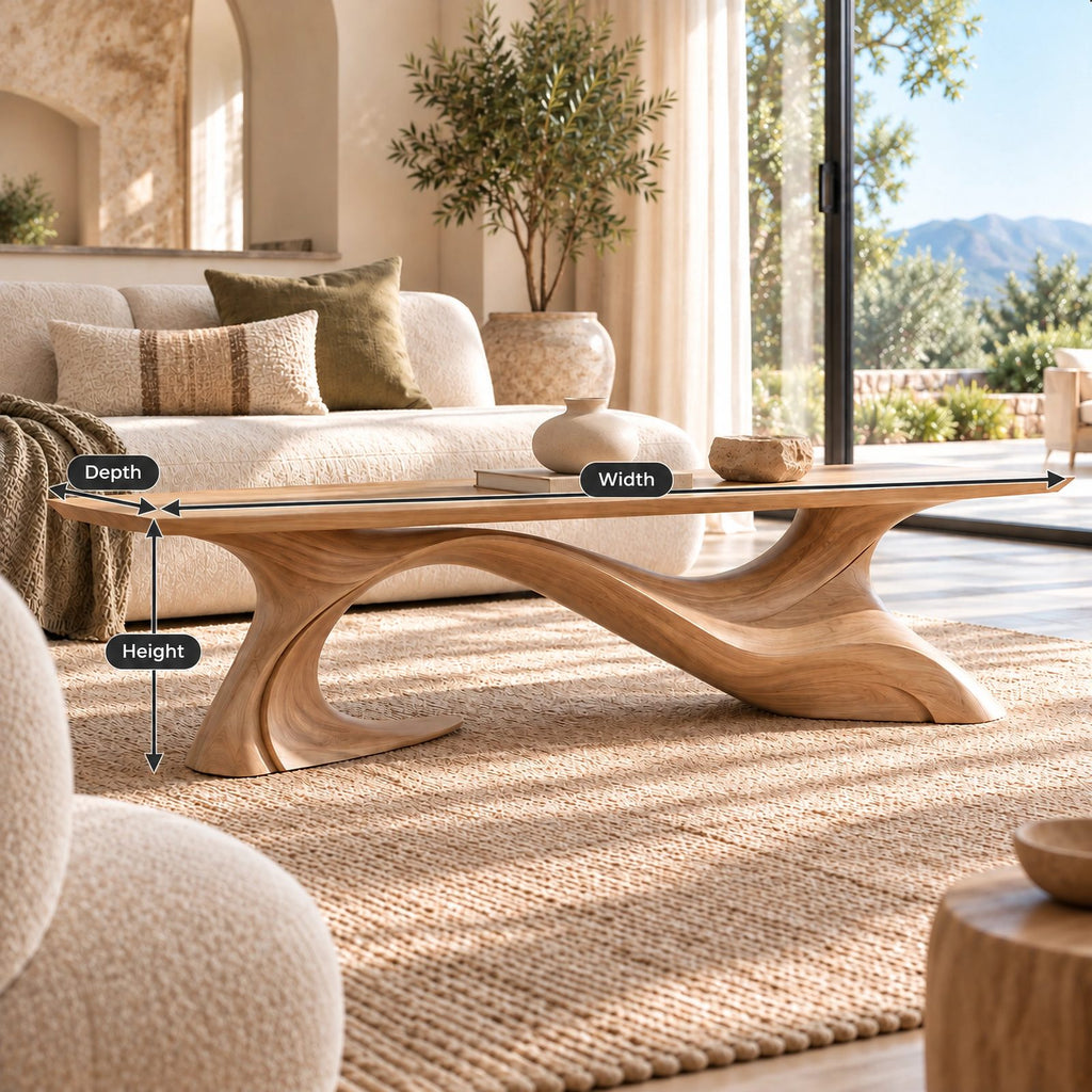 Artisan Long Wood Coffee Table With Crossing Curved Base For Living Room