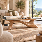 Artisan Long Wood Coffee Table With Crossing Curved Base For Living Room
