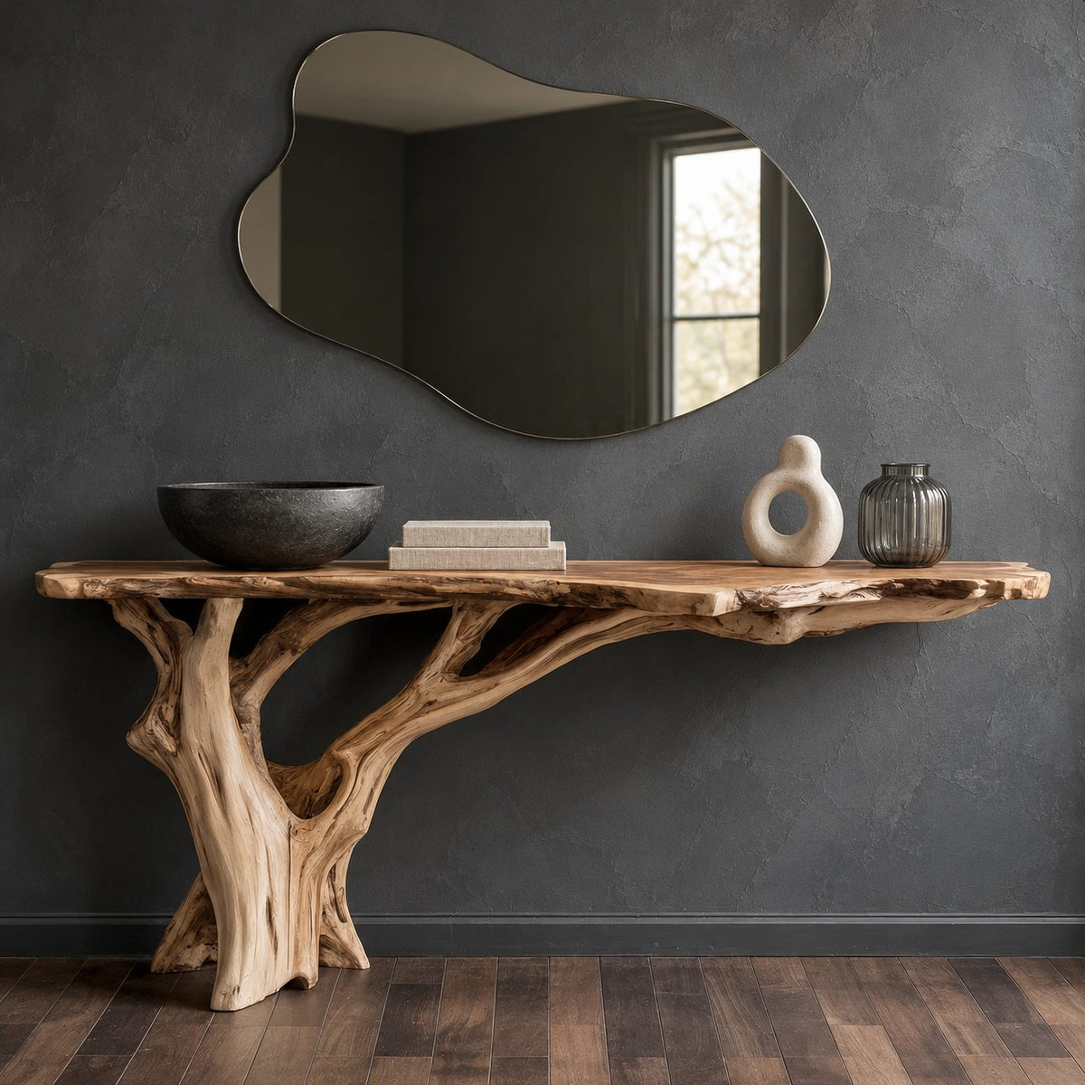 Organic Tree Root Console Table With Live Edge Top For Entryway