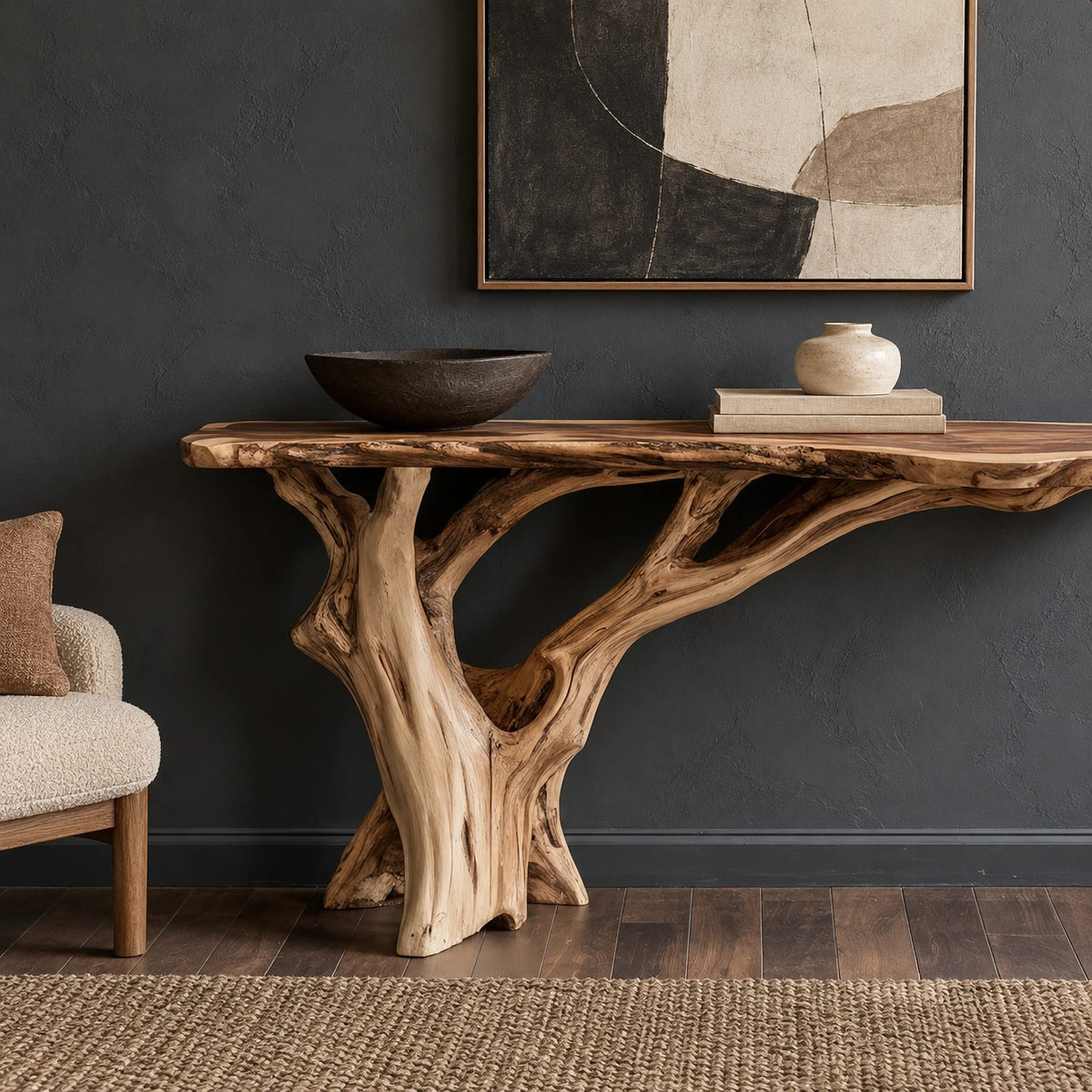Organic Tree Root Console Table With Live Edge Top For Entryway