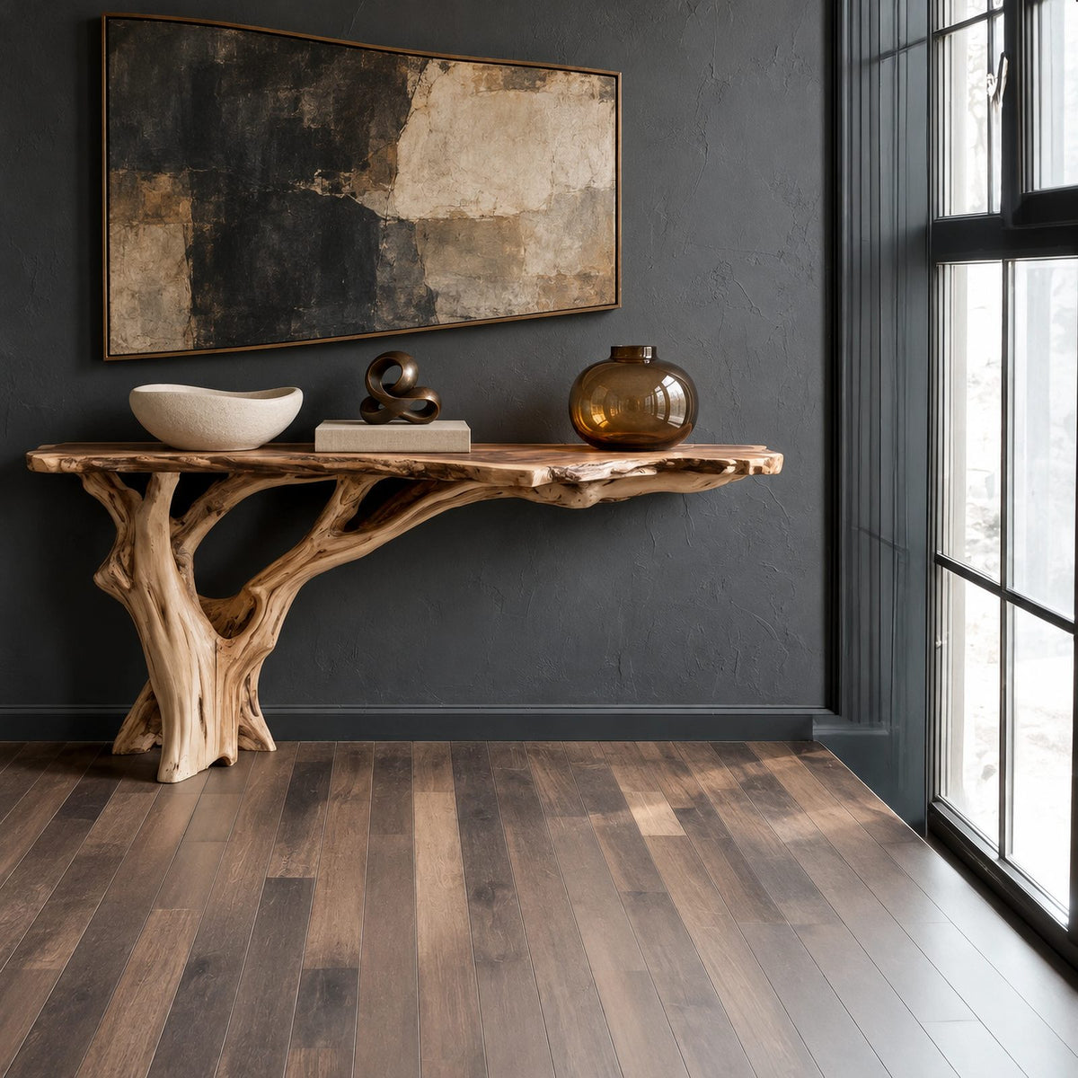 Organic Tree Root Console Table With Live Edge Top For Entryway