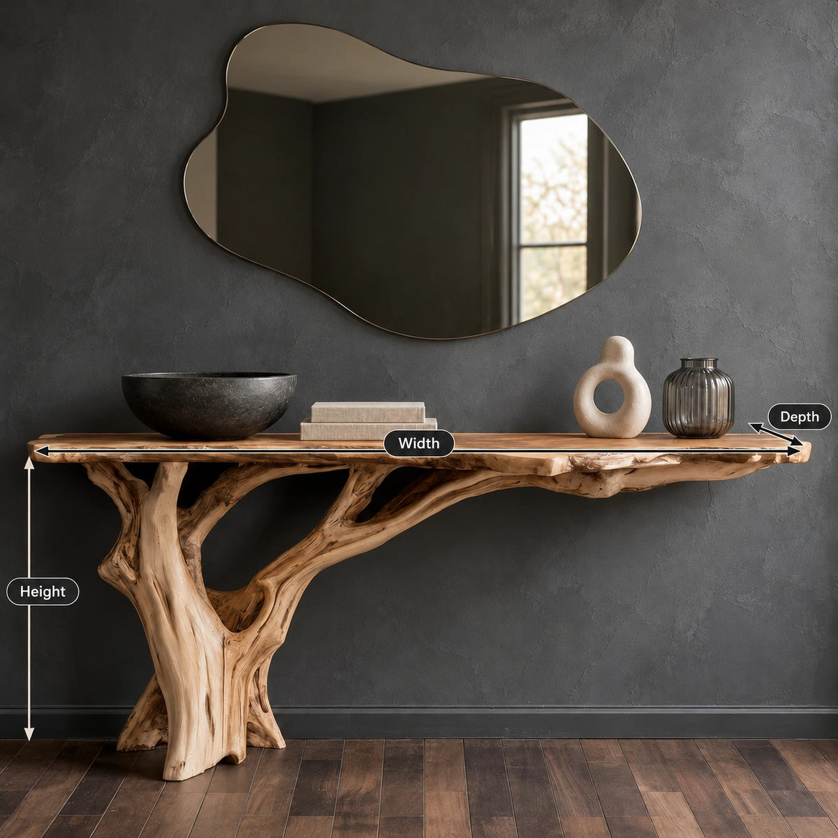 Organic Tree Root Console Table With Live Edge Top For Entryway