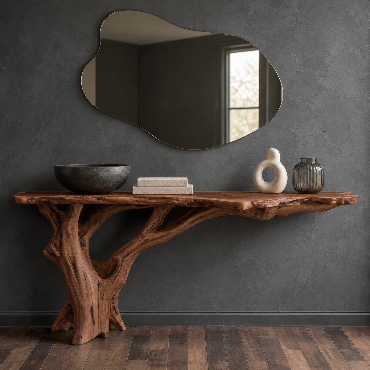 Organic Tree Root Console Table With Live Edge Top For Entryway