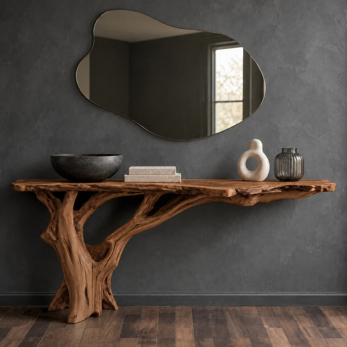 Organic Tree Root Console Table With Live Edge Top For Entryway