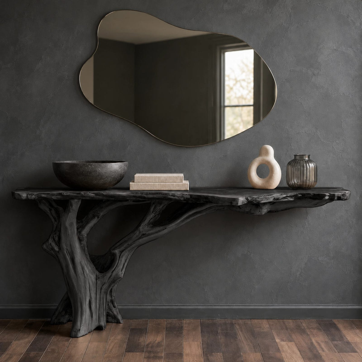 Organic Tree Root Console Table With Live Edge Top For Entryway
