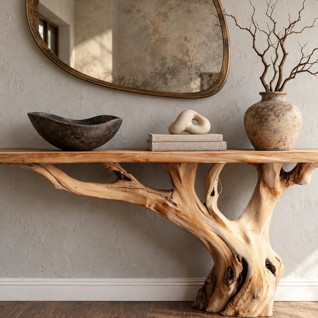 Handcrafted Root Base Console Table With Live Edge Top For Hallway